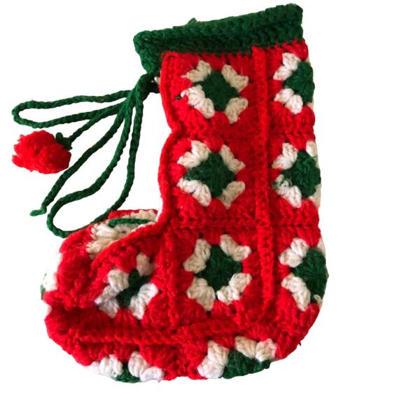 Vtg Crocheted Granny Square Christmas Stocking Red Green Handmade 12" Yarn - Picture 2 of 5